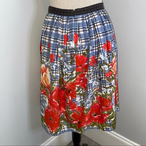 Odille Anthropologie linen blend plaid floral bird print full skirt size 0-2 XS - Picture 3 of 9